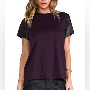 Vince Leather Sleeve Tee T-Shirt Blackberry